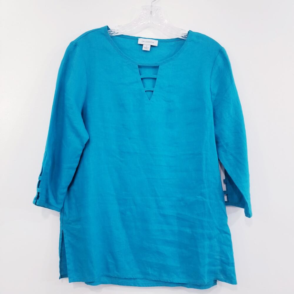 Calligraphie 100% Linen V-Neck Blouse Beachy lagenlook